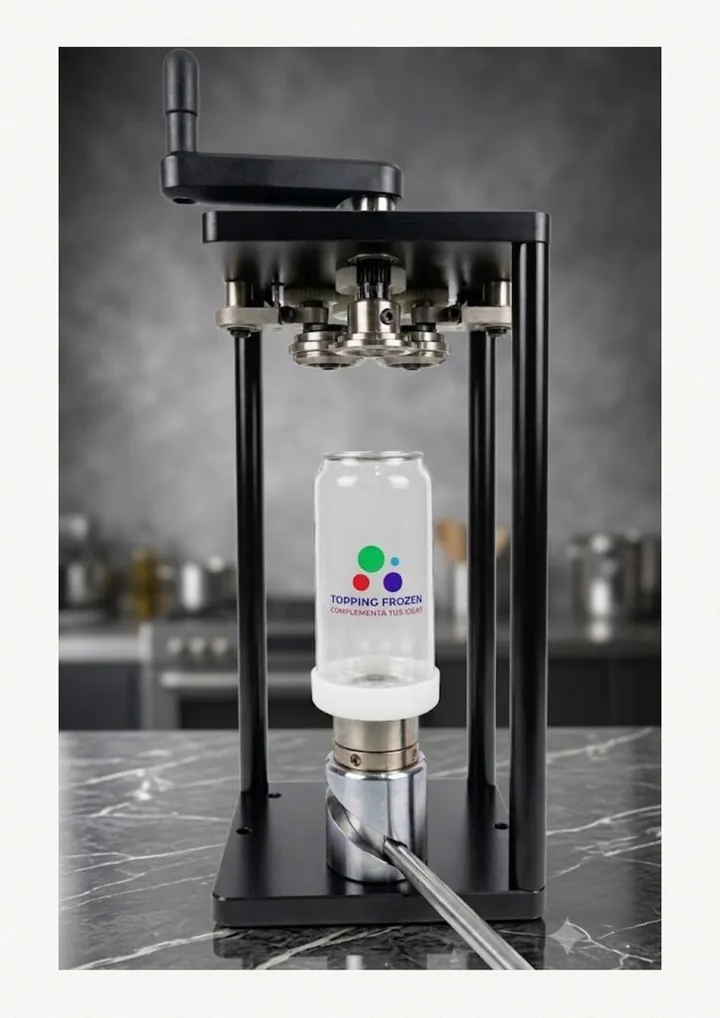 Selladora de latas mecánica de manivela: máquina negra de mesa con un envase tipo lata transparente en la base