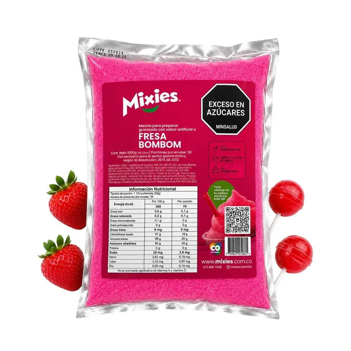 Bolsa de mezcla para granizado Mixies sabor Fresa BomBom de 1000 g, con fresas y bombones