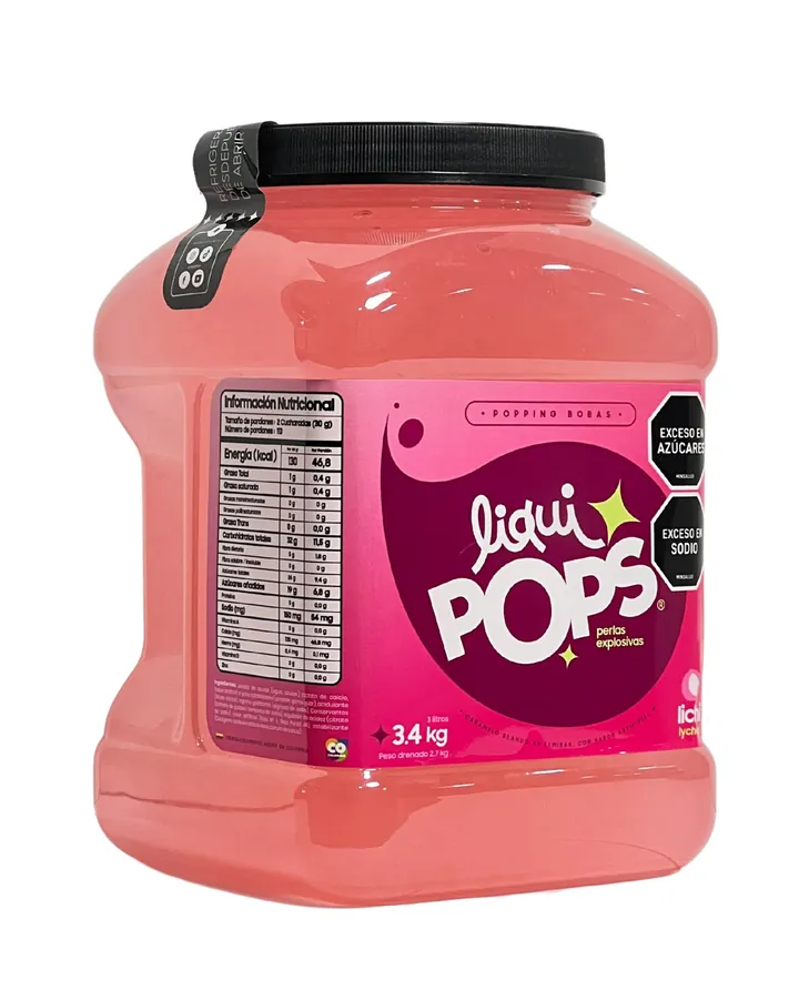 Perlas explosivas LiquiPops Lychee 3400 g, tarro visto de lado con la tabla nutricional