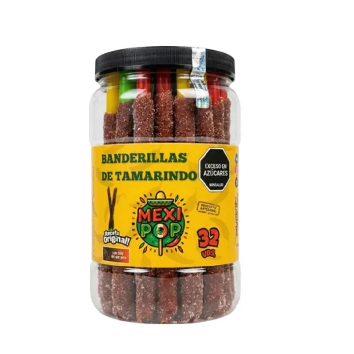 Banderillas mexicanas de tamarindo Mexi Pop x 32 unidades, tarro visto de frente
