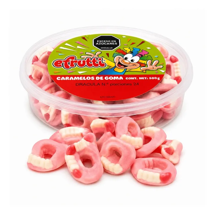 Tarrina de gomas Efrutti Drácula de 500 g con gomas al frente