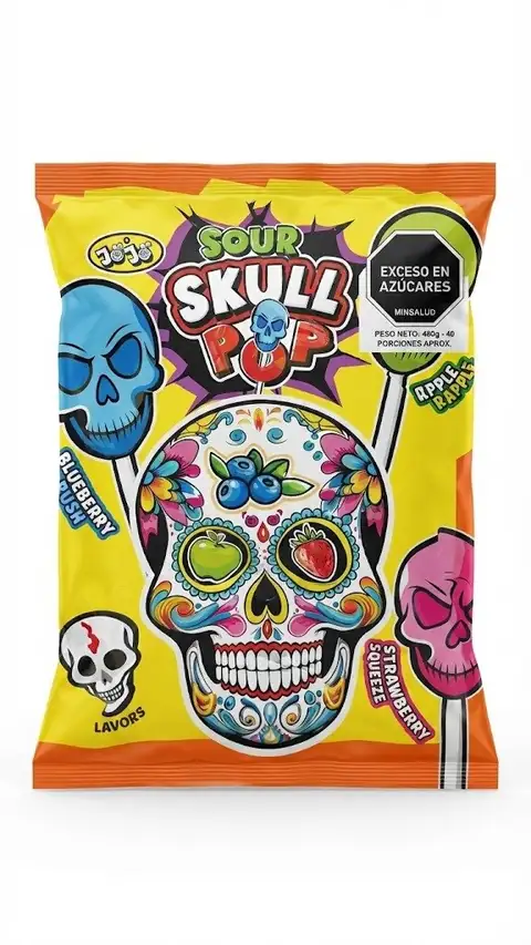 Bolsa de chupetas Sour Skull Pop en forma de calavera, 40 unidades