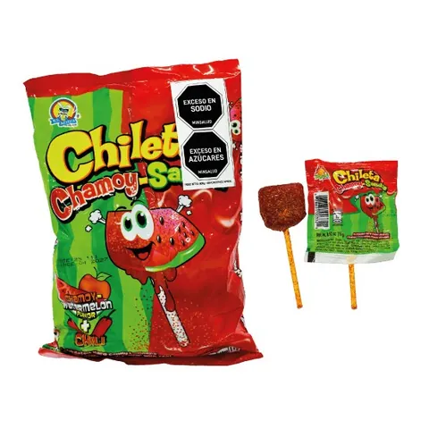Bolsa de chupetas Chileta Chamoy Sandía con dos chupetas al lado